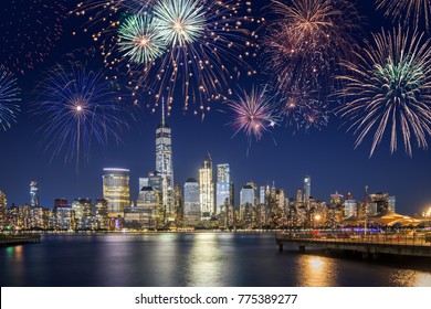 New York City Skyline With Flashing Fireworks - A Night Long Exposure Of New Years Eve Celebration