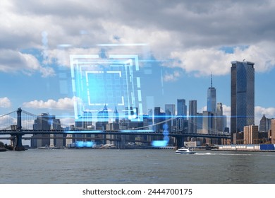 New York City skyline with a holographic tech overlay, light blue dominant color, against a partially cloudy sky and river. Technology and future concept. Double exposure - Powered by Shutterstock