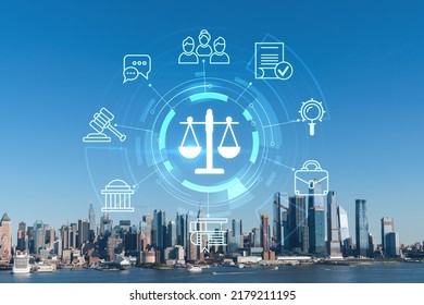 New York City skyline from New Jersey over the Hudson River towards the Hudson Yards at day. Manhattan, Midtown. Glowing hologram legal icons. The concept of law, order, regulations, digital justice