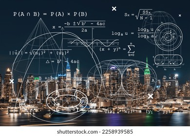 New York City skyline from New Jersey over the Hudson River with the skyscrapers at night, Manhattan, Midtown, USA. Technologies, education concept. Academic research, top ranking university, hologram - Shutterstock ID 2258939585