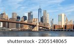New York City skyline of Manhattan with Brooklyn Bridge and World Trade Center skyscraper panorama traveling in the United States