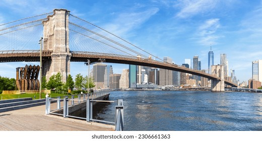 New York City skyline of Manhattan with Brooklyn Bridge and World Trade Center skyscraper panorama traveling in the United States - Powered by Shutterstock