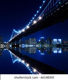 New York City Skyline And Manhattan Bridge At Night