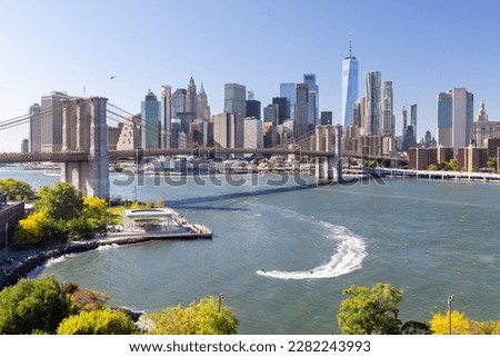 New York City skyline. Manhattan Skyscrapers panorama and Brooklyn bridge
