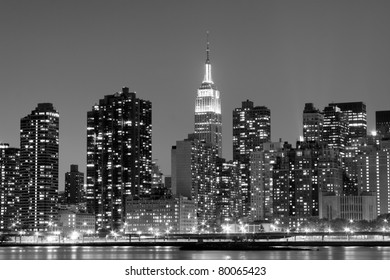 New York City Skyline At Night Lights, Midtown Manhattan