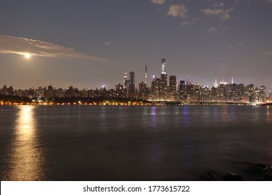 New York City Skyline - Nighttime View With Full Moon Reflection On The Hudson River Over West Side Manhattan - 4