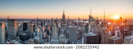 New York City skyline panorama at sunset
