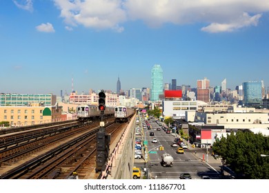 New York City Skyline From Subway Line In Queens