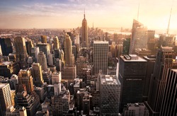 New York City Skyline Med Urbana Skyskrapor Vid Solnedgången, USA.