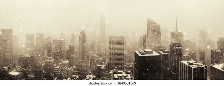 New York City Skyline Urban View In Winter Snow With Historical Architecture 