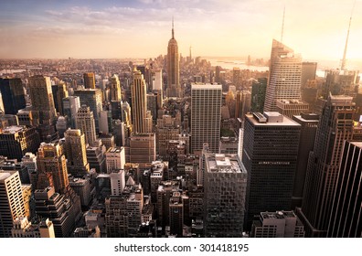 New York City skyline with urban skyscrapers at sunset, USA. - Shutterstock ID 301418195
