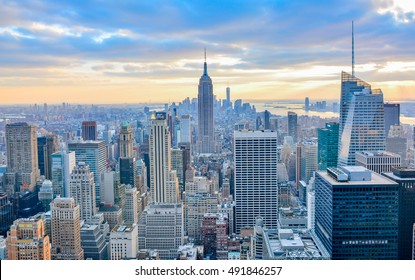 New York City skyline with urban skyscrapers at sunset. - Shutterstock ID 491846257