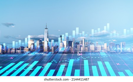 New York city skyscrapers financial downtown and sea panoramic view. Digital interface with graph and bar diagrams. Concept of trading and technologies in modern megapolis