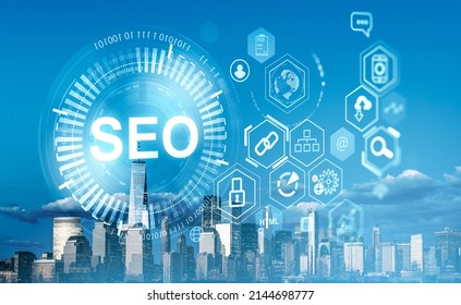 New York City Skyscrapers Financial Downtown And Digital Interface With Seo, Search Engine Optimization. Concept Of Modern Technolgy Of Website Analysis, Keywording, Content, Ranking And Social Media