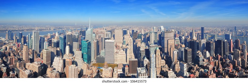 New York City Skyscrapers In Midtown Manhattan Aerial Panorama View In The Day.