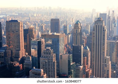 New York City Skyscrapers In Midtown Manhattan Aerial Panorama View In The Day.