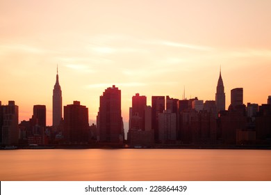 New York City Skyscrapers Silhouette Urban View At Sunrise.