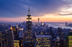 New York City Med Skyskrapor Vid Solnedgången