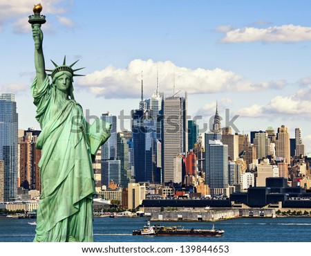new york city with statur of liberty skyline cityscape. photo tourism concept new york city with statue liberty over hudson river. new york midtown manhattan. large sailing ship usa america.