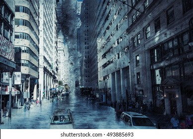 New York City Street, Climate Weather Catastrophe Tropical Thunderstorm Cyclone. 
Dramatic Scenerie During Hurricane Season In Manhattan NYC, USA, Image With Filter Effect.