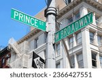 New York City street. Prince Street and West Broadway sign in Manhattan.