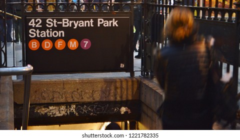 New York City Street Scene Bryant Park NYC Subway Rush Hour 42nd Street Sign Billboard