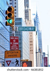New York City street scene with broadway sign