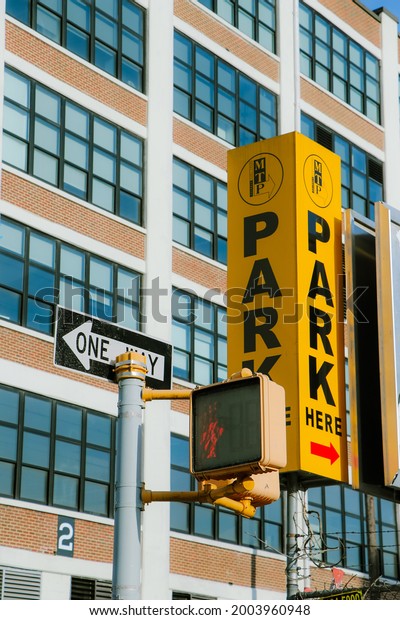 New York City street\
signs.