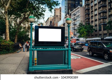 New York City Subway Entrance With Clear Empty Billboard With Copy Space Area For Advertising Text Message Or Content, Public Metro Transportation Information Board, Promotional Mock Up On City Street