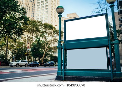 New York City Subway Entrance With Clear Empty Billboard With Copy Space Area For Advertising Text Message Or Content, Public Metro Transportation Information Board, Promotional Mock Up On City Street