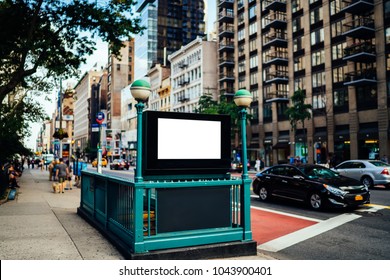 New York City Subway Entrance With Clear Empty Billboard With Copy Space Area For Advertising Text Message Or Content, Public Metro Transportation Information Board, Promotional Mock Up On City Street