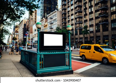 New York City Subway Entrance With Clear Empty Billboard With Copy Space Area For Advertising Text Message Or Content, Public Metro Transportation Information Board, Promotional Mock Up On City Street