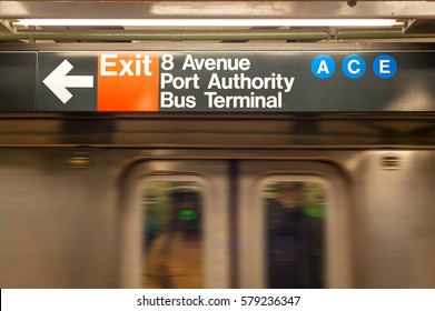 New York City Subway Platform With Directions To Port Authority Bus Terminal
