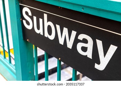 New York city subway sign entrance in New York City, NY, USA