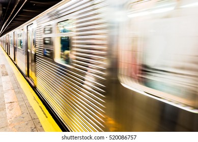 New York City Subway Train Leaving Its Station - Motion Blur As 