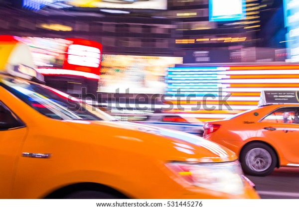 New York\
City Taxi in motion, Times Square, NYC,\
USA