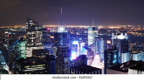 New York City Times Square Aerial View Panorama At Night.