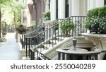 New York City townhouse building, Brooklyn Heights residential district, USA. Brownstone urban architecture, attached house. United States real estate, american property, apartments and homes in NYC.