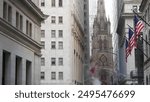 New York City United States. Lower Manhattan Downtown Financial District urban architecture. American Flag, Trinity Church. Wall street Stock Exchange building, USA Stock Market. Hot steam smoke stack