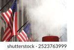 New York City United States. Manhattan Downtown Financial District urban architecture. American Flag on Wall street near Stock Exchange, Federal Hall building, USA Stock Market. Hot steam smoke stack.