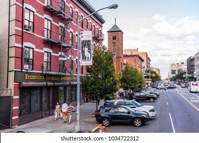 New York City, United States - August 25, 2017: Harlem Neighborhood, Manhattan. On The Martin Luther King Boulevard With The Church Of St. Joseph And The Holy Family