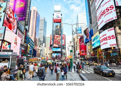 New York City, United States - November 2, 2017:   City Life In Times Square At Daytime. 