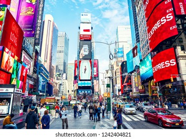 New York City, United States - November 2, 2017:   City Life In Times Square At Daytime. 