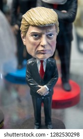 New York City, United States - November 17 2018:   A Bobble Head Doll Of Donald Trump Sits In A Shop Window On Broadway