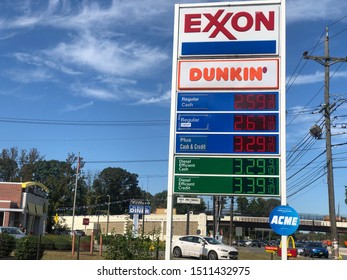 New York City, United States Of America - September 19th 2019: Checking The Prices For Petrol At A Gas Station After The Drone Attacks In Saudi Arabia.