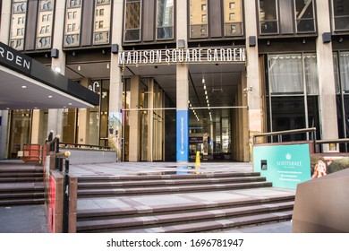 New York City, United States - April 6th, 2020: Madison Square Garden Entrance Is Empty During The Covid-19 Pandemic