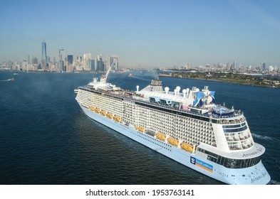 New York City, New York, United States - 10 06 2016 A Royal Carribean Cruise Ship Reaches The Manhatten Skyline