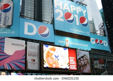 NEW YORK CITY, UNITED STATES - Mar 20, 2010: Happy 2010 Pepsi Zero Billboard Advertisements Line The Buildings Of Times Square