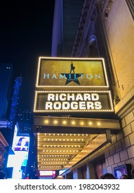 NEW YORK CITY, UNITED STATES - JUNE 28, 2019: Outside Of Richard Rodgers Theatre Post Hamilton Broadway Show At Night