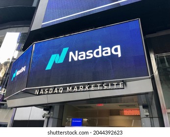 New York City, New York United States - August 29 2021: NASDAQ, National Association Of Securities Dealers Automated Quotations Corporate Logo Sign Near Times Square.